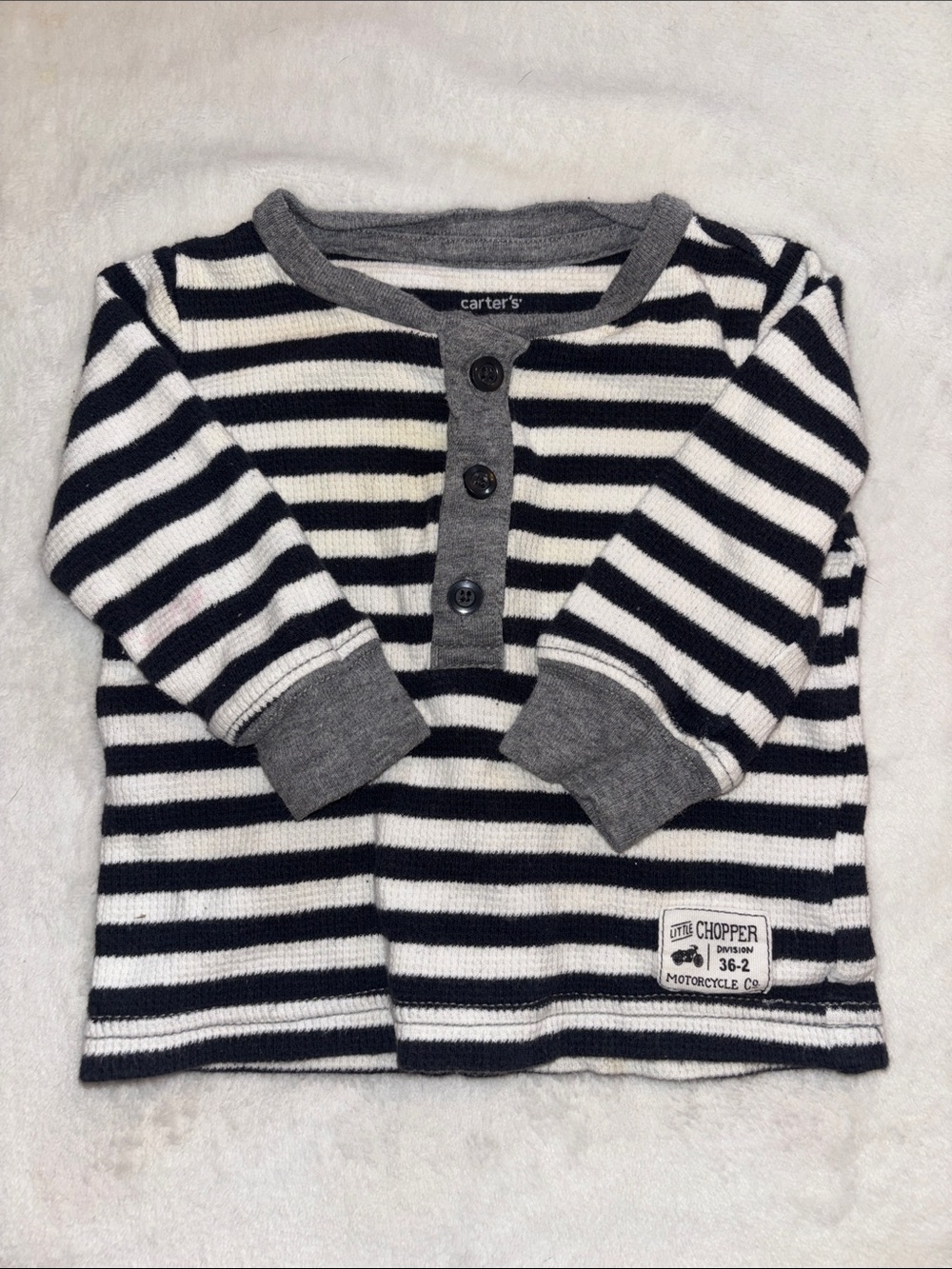 (3 for $10) Carter's Black and White Striped Henley with Gray Trim 3 month baby